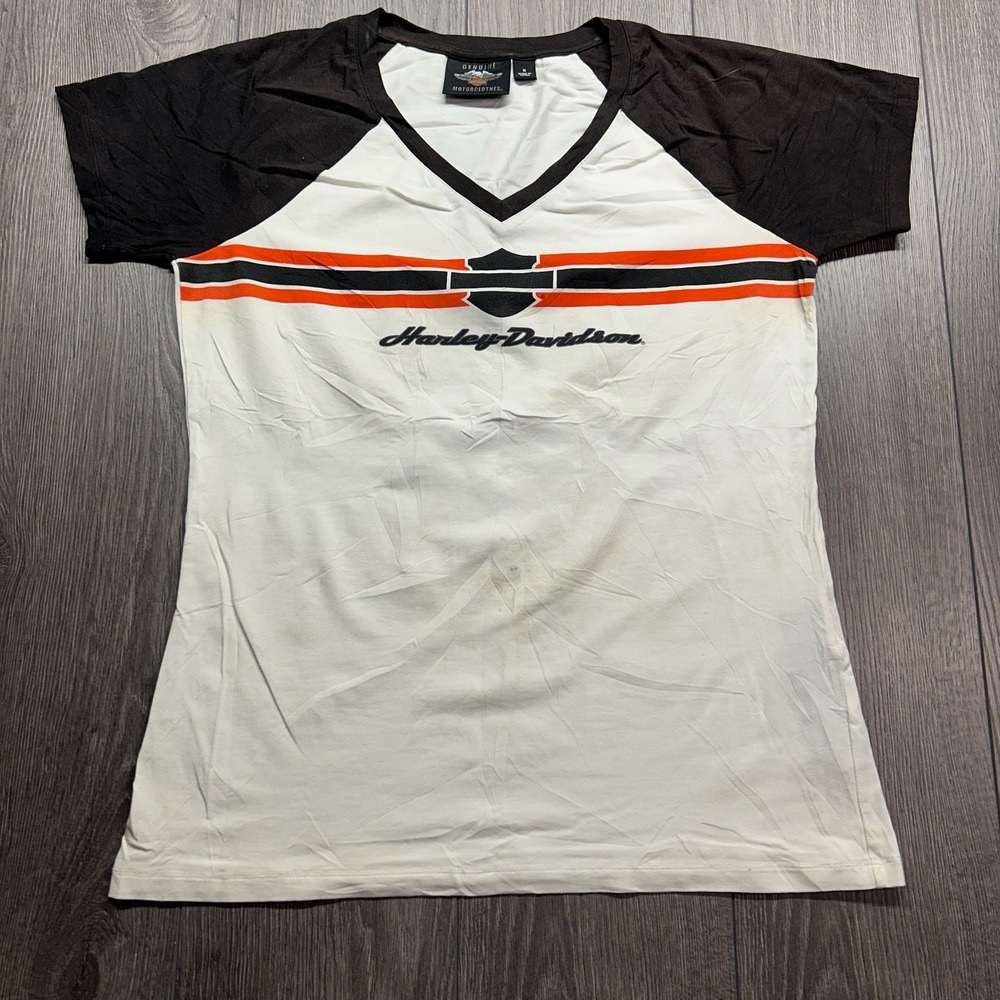 Harley-Davidson Womens Medium V-Neck Raglan T-Shirt White Black Y2K Graphic Tee